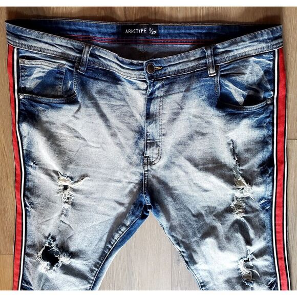 ARKETYPE Jeans Red Racing Stripe Sides 42X32 Men's Distressed 28" Selvege Hems - Picture 7 of 15